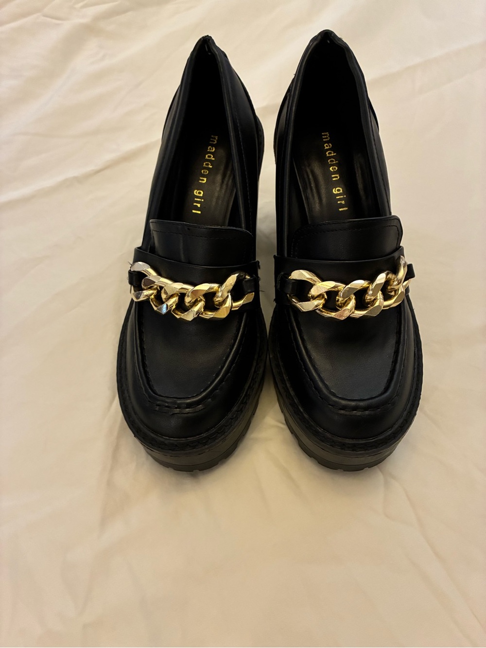 Madden Girl Black Loafers with Gold Chain size 8 chunky heels